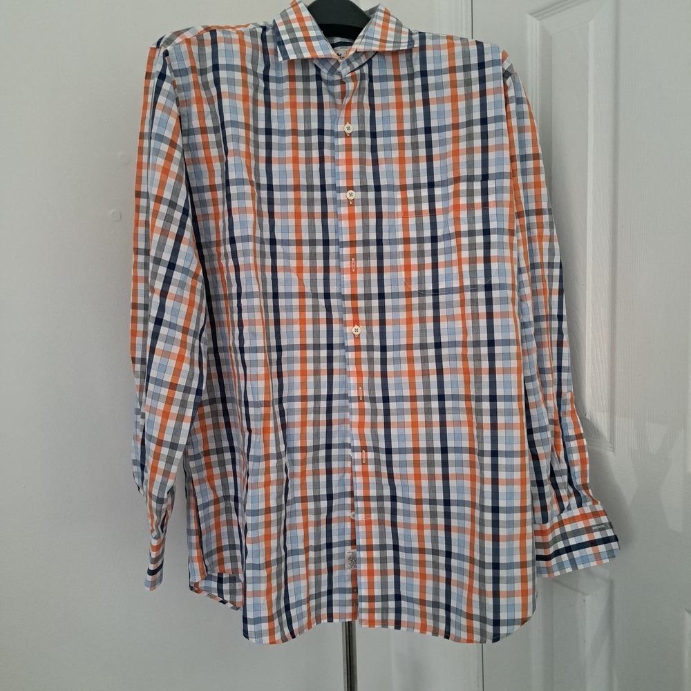 Peter Millar Mens Large Plaid Button Down Lng Slv Casual Dress Shirt Orange Blue